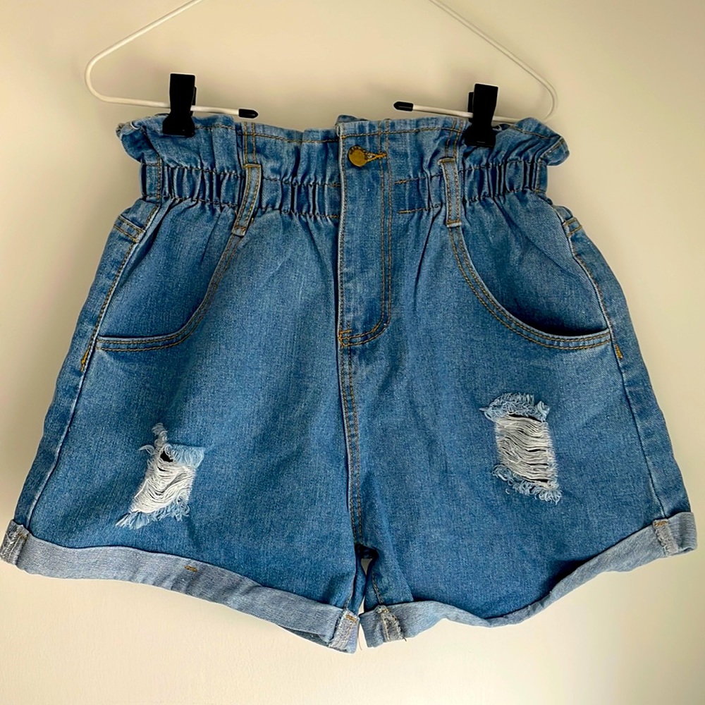 Denim paper bag shorts